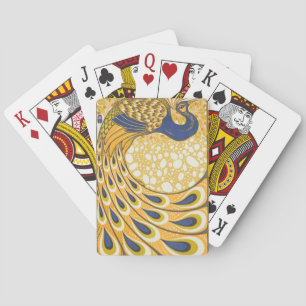 Art Nouveau Blauwe en Gouden Pauwveren Speelkaarten