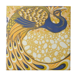 Art Nouveau Blauwe en Gouden Pauwveren Tegeltje