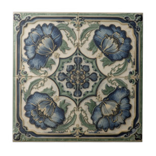 Art Nouveau blauwe klaprozen bloemmotief vintage Tegeltje