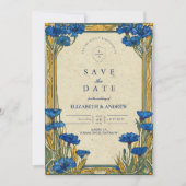 Art Nouveau Blauwe Korenbloem Bruiloft Save The Date (Voorkant)