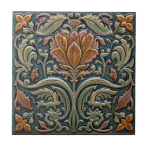 Art Nouveau-blauwe Majolica-bloem ambachtslieden v Tegeltje