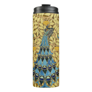 Art Nouveau Blauwe Pauw Bloemmotief Antiek Design Thermosbeker