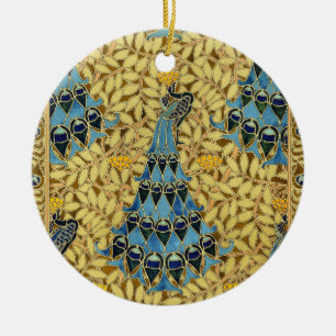 Art Nouveau Blauwe Pauw Bloemmotief Antiek Keramisch Ornament