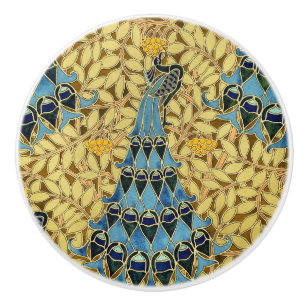 Art Nouveau Blauwe Pauw Bloemmotief Antiek Keramische Knop