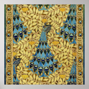 Art Nouveau Blauwe Pauw Bloemmotief Antiek Poster