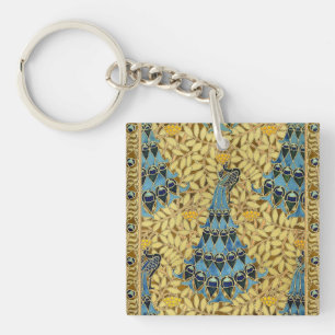 Art Nouveau Blauwe Pauw Bloemmotief Antiek Sleutelhanger