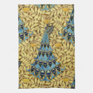 Art Nouveau Blauwe Pauw Bloemmotief Antiek Theedoek