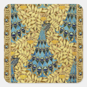 Art Nouveau Blauwe Pauw Bloemmotief Antiek Vierkante Sticker