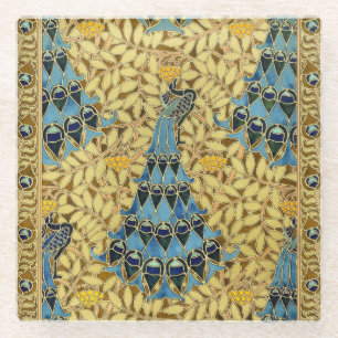 Art Nouveau Blauwe Pauw Bloempatroon Antiek Glazen Onderzetter