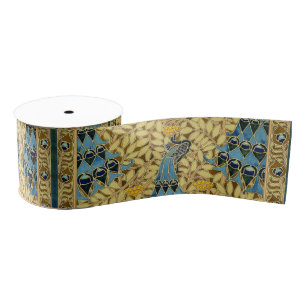 Art Nouveau Blauwe Pauw Bloempatroon Antiek Grosgrain Lint