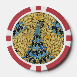 Art Nouveau Blauwe Pauw Bloempatroon Antiek Poker Chips
