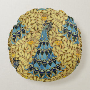 Art Nouveau Blauwe Pauw Bloempatroon Antiek Rond Kussen