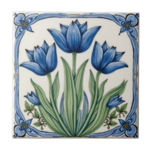 Art Nouveau Blauwe Tulpen Bloemmotief Vintage Tegeltje