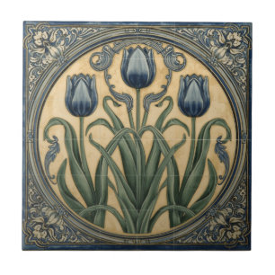 Art Nouveau Blauwe Tulpen Bloemmotief Vintage Tegeltje