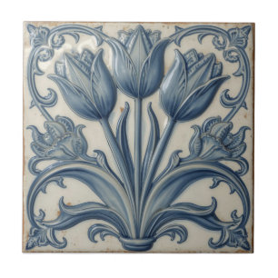 Art Nouveau Blauwe Tulpen Bloemmotief Vintage Tegeltje