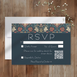 Art Nouveau Blauwe William Morris Bloemige Bruilof RSVP Kaartje