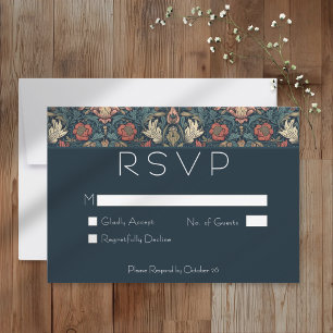 Art Nouveau Blauwe William Morris Bloemige Bruilof RSVP Kaartje