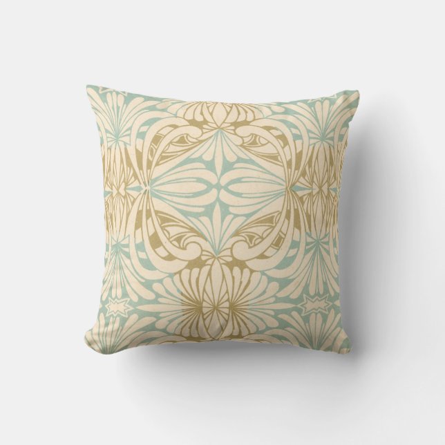 Art Nouveau Blauwgroen Crème Tan Floral Sierkussen (Voorkant)