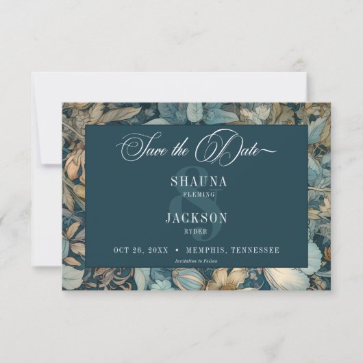 Art Nouveau Blauwgroen William Morris Floral Weddi Save The Date (Voorkant)