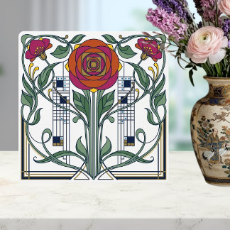 Art Nouveau Bloem Roos Geometrisch Kunstontwerp Tegeltje