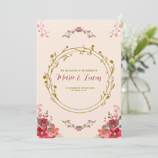 Art nouveau bloemen bruiloft uitnodiging (Staand voorkant)