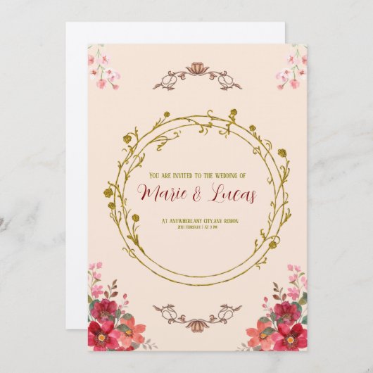 Art nouveau bloemen bruiloft uitnodiging (Voorkant / Achterkant)