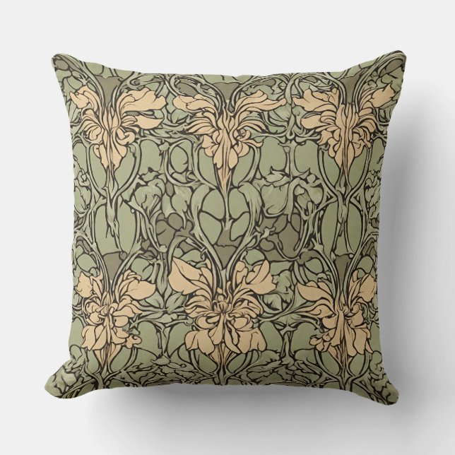 Art Nouveau Bloemen Damast Groen, Beige Abstract Kussen (Voorkant)