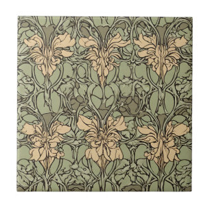 Art Nouveau Bloemen Damast Groen, Beige Abstract Tegeltje