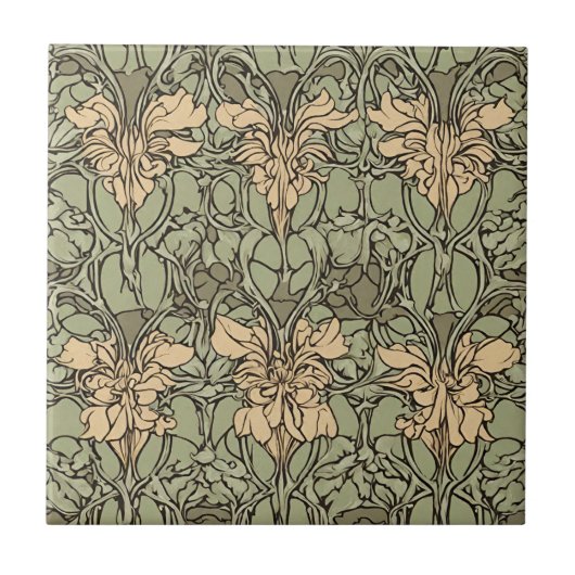 Art Nouveau Bloemen Damast Groen, Beige Abstract Tegeltje (Voorkant)