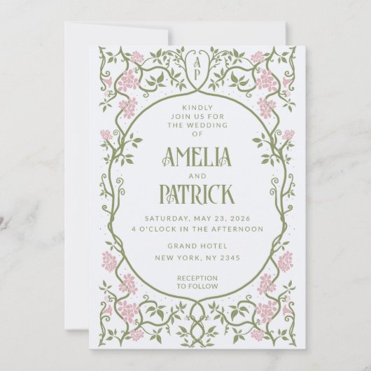 Art Nouveau Bloemen Groen en Roze Huwelijk Kaart (Voorkant)