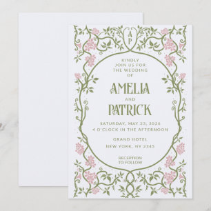 Art Nouveau Bloemen Groen en Roze Huwelijk Kaart