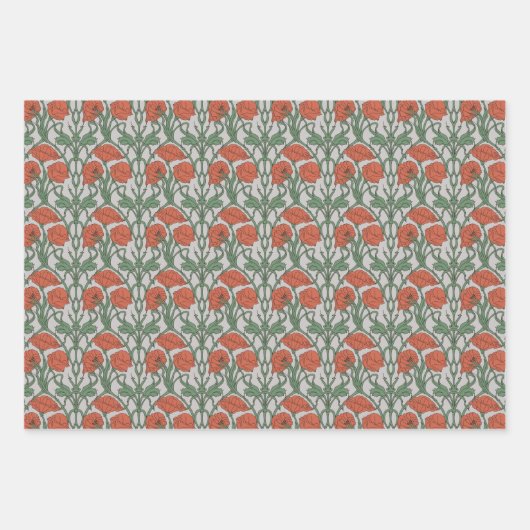 Art Nouveau Bloemen Groen Rood Poppy Inpakpapier Vel (Voorkant 2)