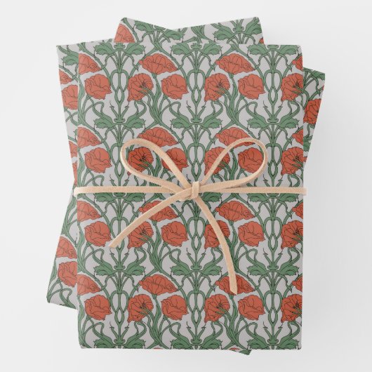 Art Nouveau Bloemen Groen Rood Poppy Inpakpapier Vel (In situ)