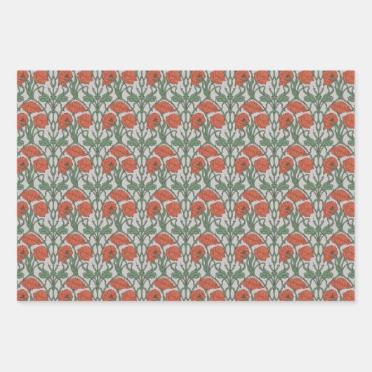 Art Nouveau Bloemen Groen Rood Poppy Inpakpapier Vel (Voorkant)