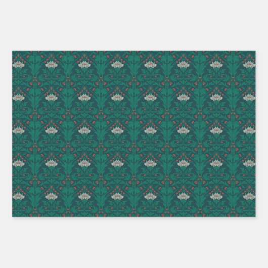 Art Nouveau Bloemen Groen Wit Rood Grijs Inpakpapier Vel (Voorkant 3)