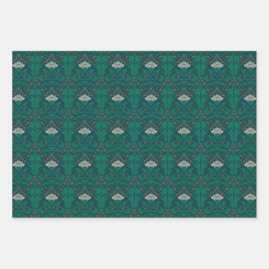 Art Nouveau Bloemen Groen Wit Rood Grijs Inpakpapier Vel (Voorkant)