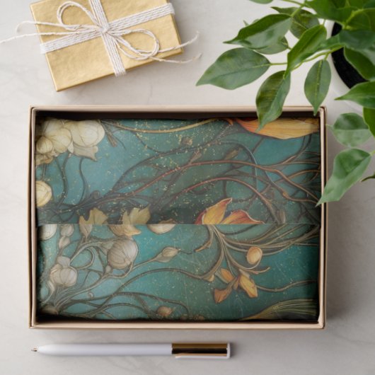 Art Nouveau Bloemen Herfst Blauwgroen Ephemera Dec Tissuepapier (Geschenk)