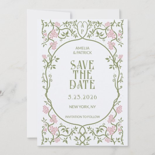 Art Nouveau Bloemen Huwelijk Groen en Roze Save The Date (Voorkant)