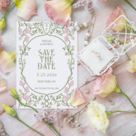 Art Nouveau Bloemen Huwelijk Groen en Roze Save The Date