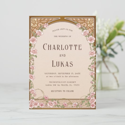 Art Nouveau  Bloemen Huwelijksuitnodiging Kaart (Staand voorkant)