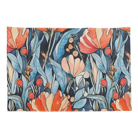 Art Nouveau Bloemen Rood Blauw Waterverf Kussensloop (Achterkant-Rechts)