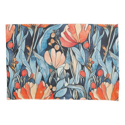 Art Nouveau Bloemen Rood Blauw Waterverf Kussensloop (Voorkant-Links)