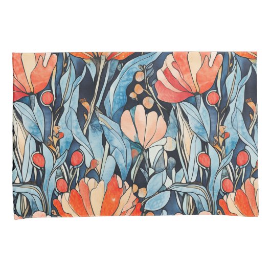 Art Nouveau Bloemen Rood Blauw Waterverf Kussensloop (Voorkant-Rechts)