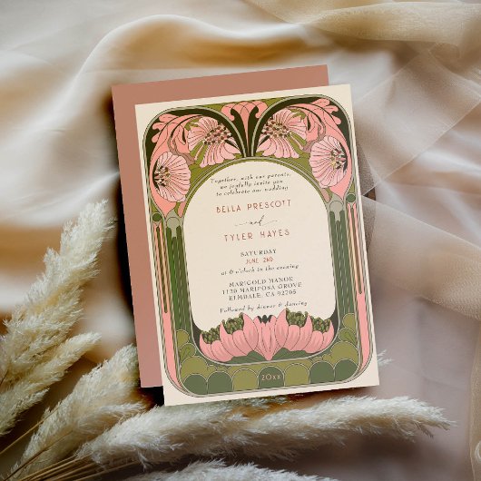 Art Nouveau  Bloemen Roze Groen Huwelijk Kaart