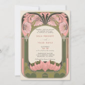 Art Nouveau  Bloemen Roze Groen Huwelijk Kaart (Voorkant)