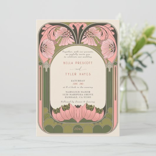Art Nouveau  Bloemen Roze Groen Huwelijk Kaart (Staand voorkant)