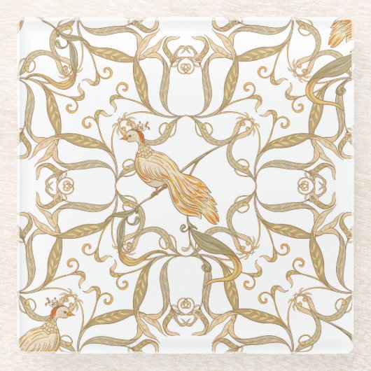 Art Nouveau Bloemen Vogels Glazen Onderzetter (Voorkant)