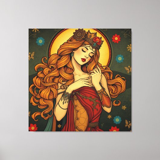 Art Nouveau Bloemen Vrouw Illustratie Canvas Afdruk (Voorkant)