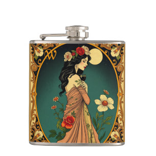 Art Nouveau Bloemen Vrouw Illustratie Heupfles