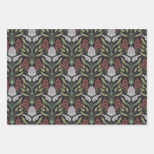Art Nouveau Bloemen Zwart Rood Groen Grijs Inpakpapier Vel (Voorkant 2)
